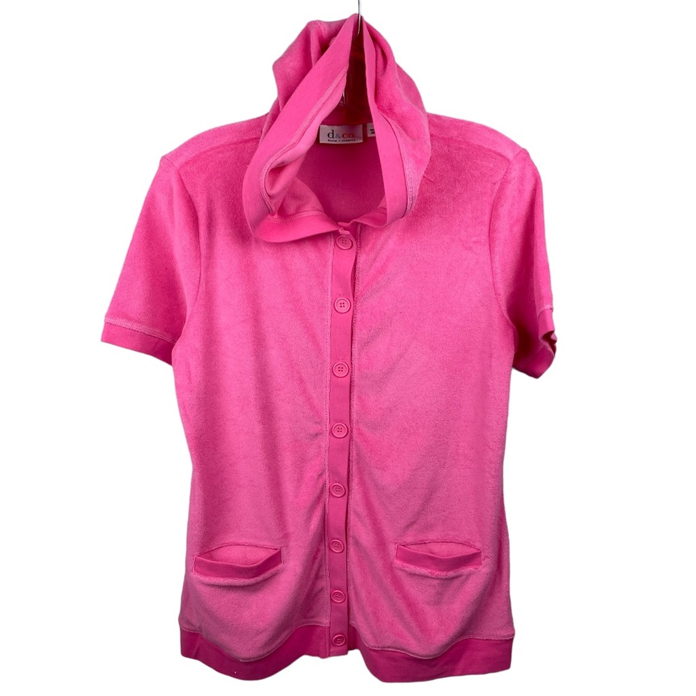D & co. Cotton Polyester Blend Terry Cloth Feel Hooded Button Down Top Size XS